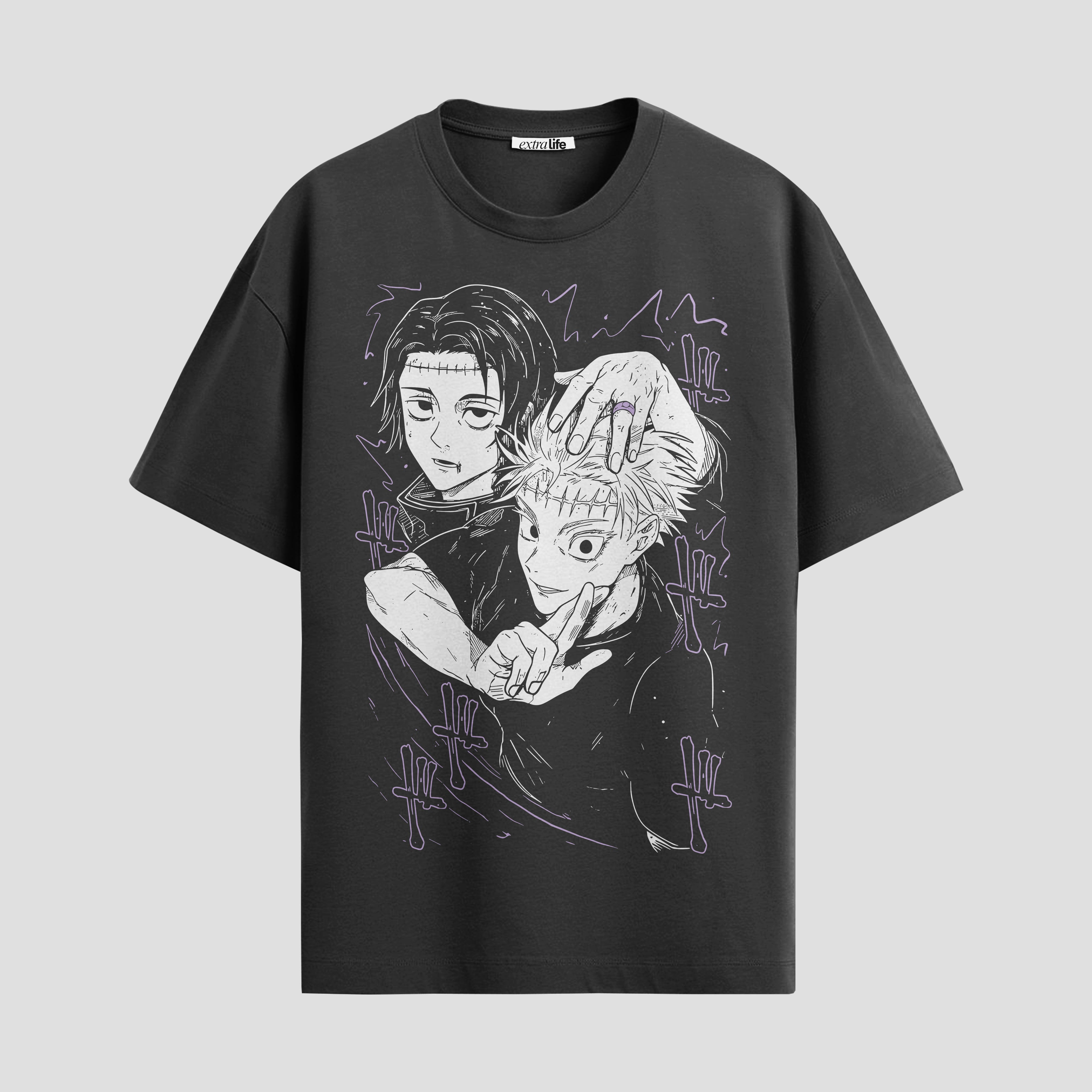 Playera urbana de anime y gaming ExtraLife MX, corte Standard Fit unisex ligero y transpirable en color Deep Black y Pure White, ropa de uso diario para gym y casual.