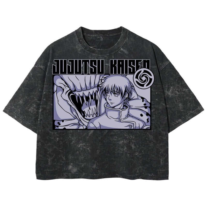 Playera streetwear premium de anime y gaming ExtraLife MX, corte boxy deluxe mineral wash heavyweight en color Acid Wash, moda urbana mexicana de culto.