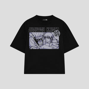 Playera streetwear premium de anime y gaming ExtraLife MX, corte boxy oversized drop shoulder heavyweight en color Deep Black y Off-White, moda urbana mexicana de culto.