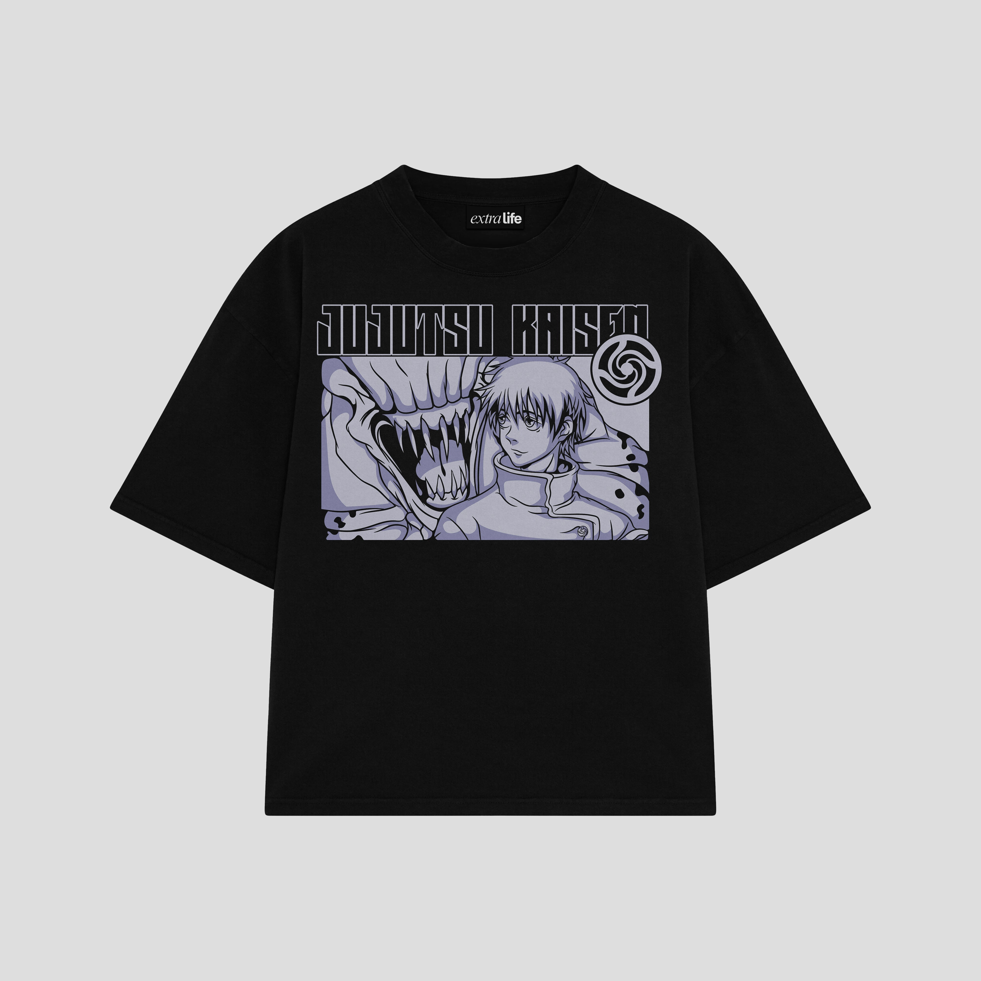 Playera streetwear premium de anime y gaming ExtraLife MX, corte boxy oversized drop shoulder heavyweight en color Deep Black y Off-White, moda urbana mexicana de culto.