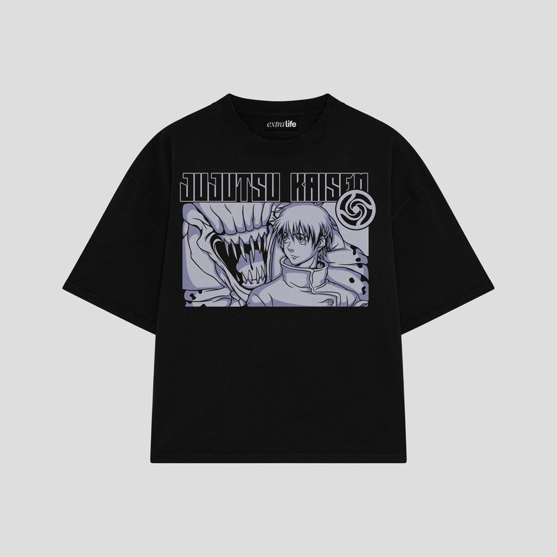 Playera streetwear premium de anime y gaming ExtraLife MX, corte boxy oversized drop shoulder heavyweight en color Deep Black y Off-White, moda urbana mexicana de culto.