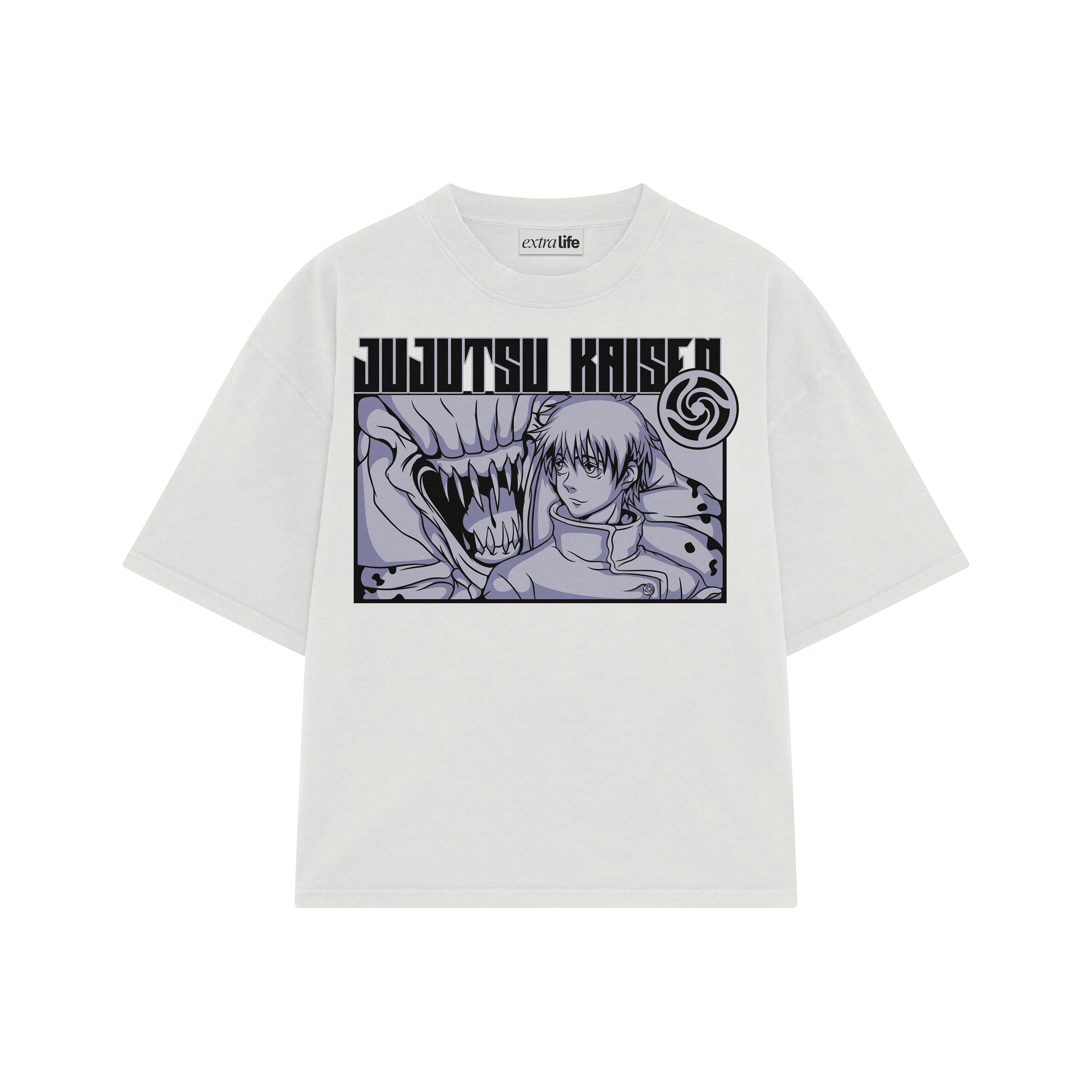 Playera streetwear premium de anime y gaming ExtraLife MX, corte boxy oversized drop shoulder heavyweight en color Deep Black y Off-White, moda urbana mexicana de culto.