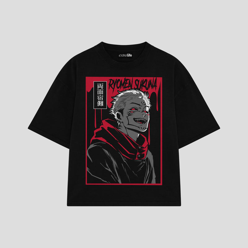 Playera streetwear premium de anime y gaming ExtraLife MX, corte boxy oversized drop shoulder heavyweight en color Deep Black y Off-White, moda urbana mexicana de culto.