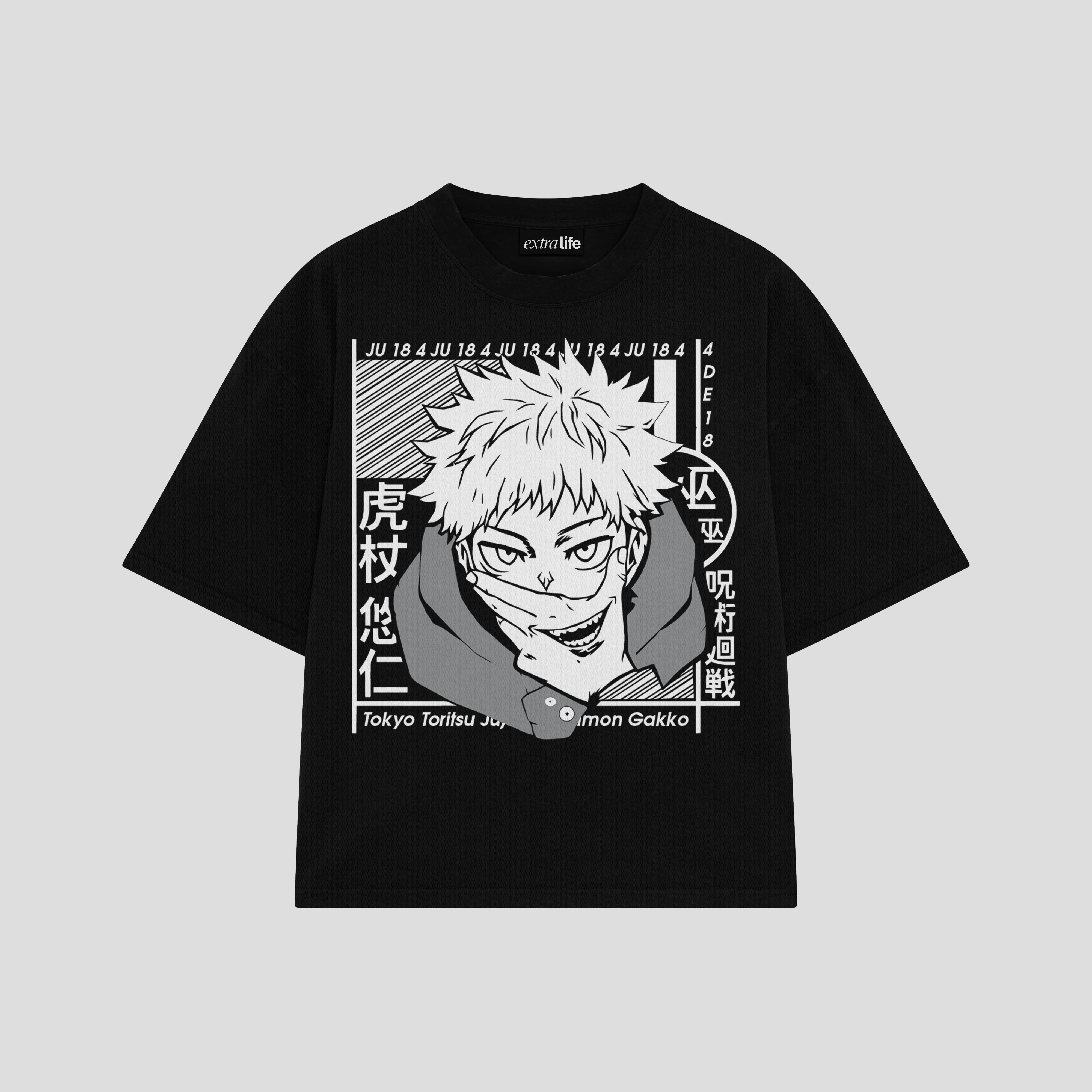 Playera streetwear premium de anime y gaming ExtraLife MX, corte boxy oversized drop shoulder heavyweight en color Deep Black y Off-White, moda urbana mexicana de culto.
