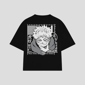 Playera streetwear premium de anime y gaming ExtraLife MX, corte boxy oversized drop shoulder heavyweight en color Deep Black y Off-White, moda urbana mexicana de culto.