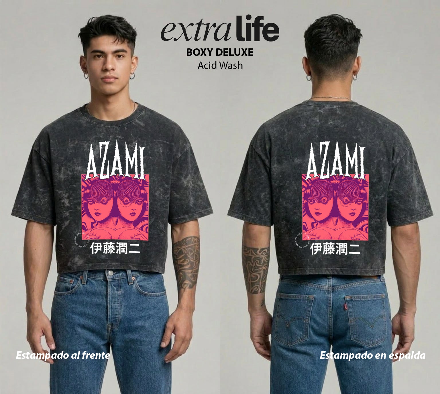 Playera streetwear premium de anime y gaming ExtraLife MX, corte boxy deluxe mineral wash heavyweight en color Acid Wash, moda urbana mexicana de culto.