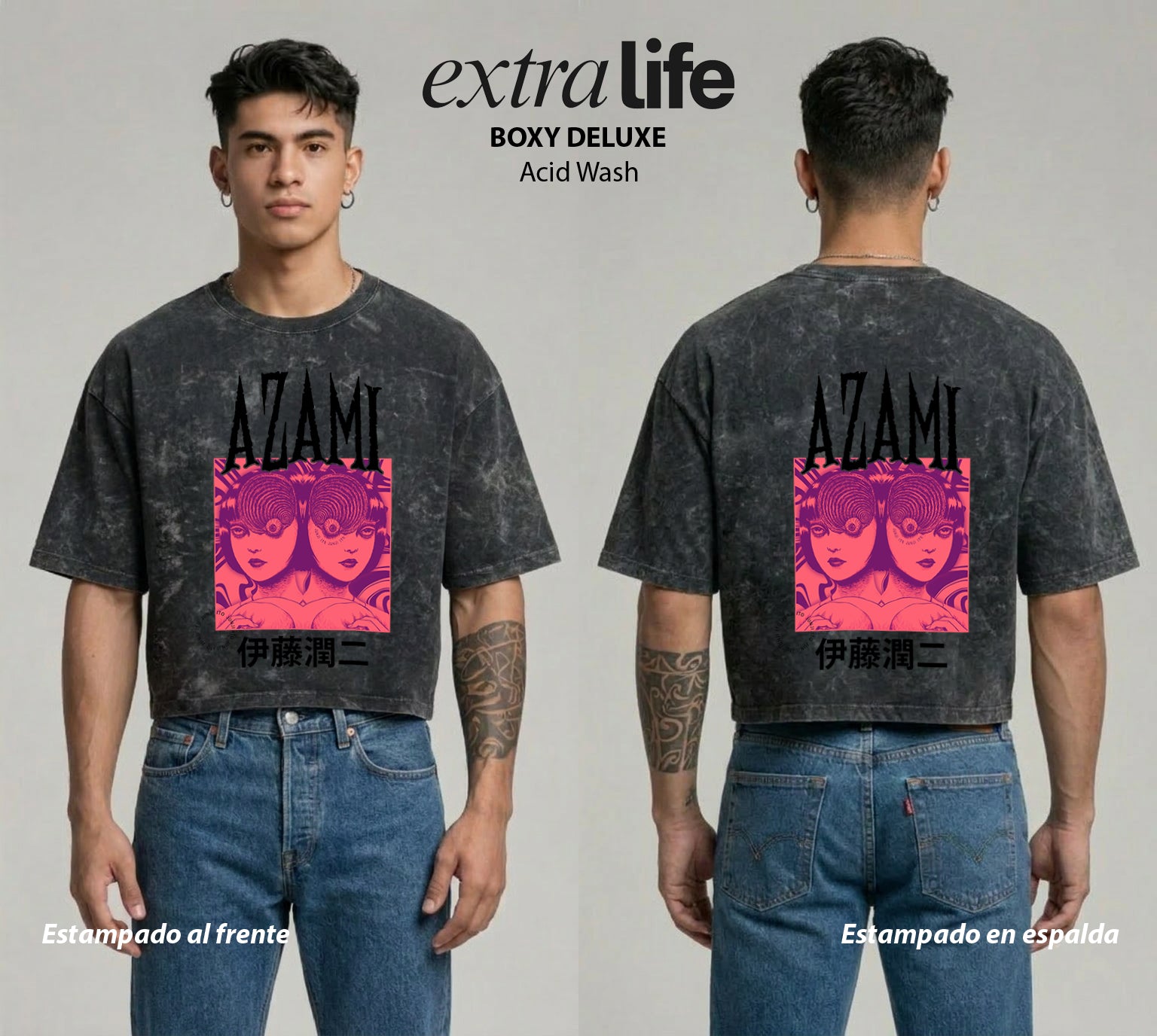 Playera streetwear premium de anime y gaming ExtraLife MX, corte boxy deluxe mineral wash heavyweight en color Acid Wash, moda urbana mexicana de culto.