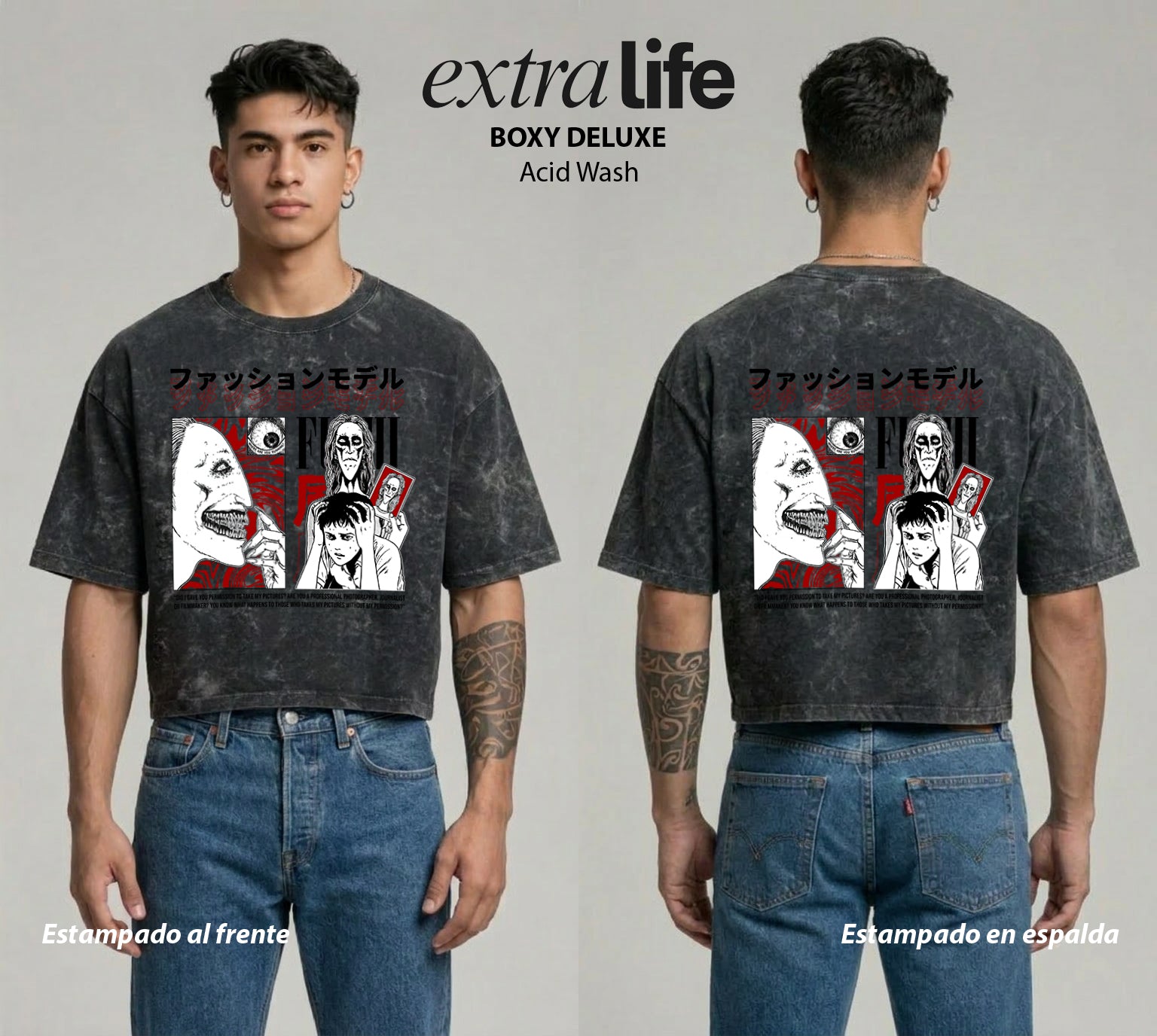 Playera streetwear premium de anime y gaming ExtraLife MX, corte boxy deluxe mineral wash heavyweight en color Acid Wash, moda urbana mexicana de culto.