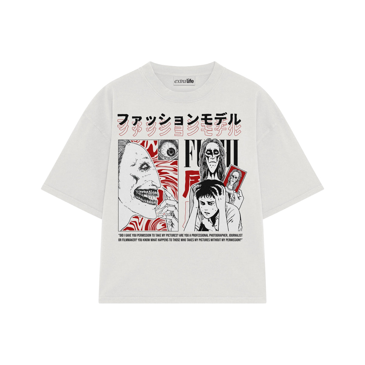 Playera streetwear premium de anime y gaming ExtraLife MX, corte oversized drop shoulder ligero y fresco en color Deep Black y Off-White, moda urbana mexicana de culto.