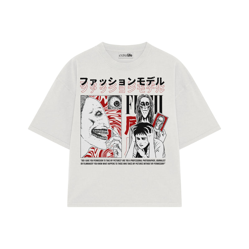 Playera streetwear premium de anime y gaming ExtraLife MX, corte boxy oversized drop shoulder heavyweight en color Deep Black y Off-White, moda urbana mexicana de culto.