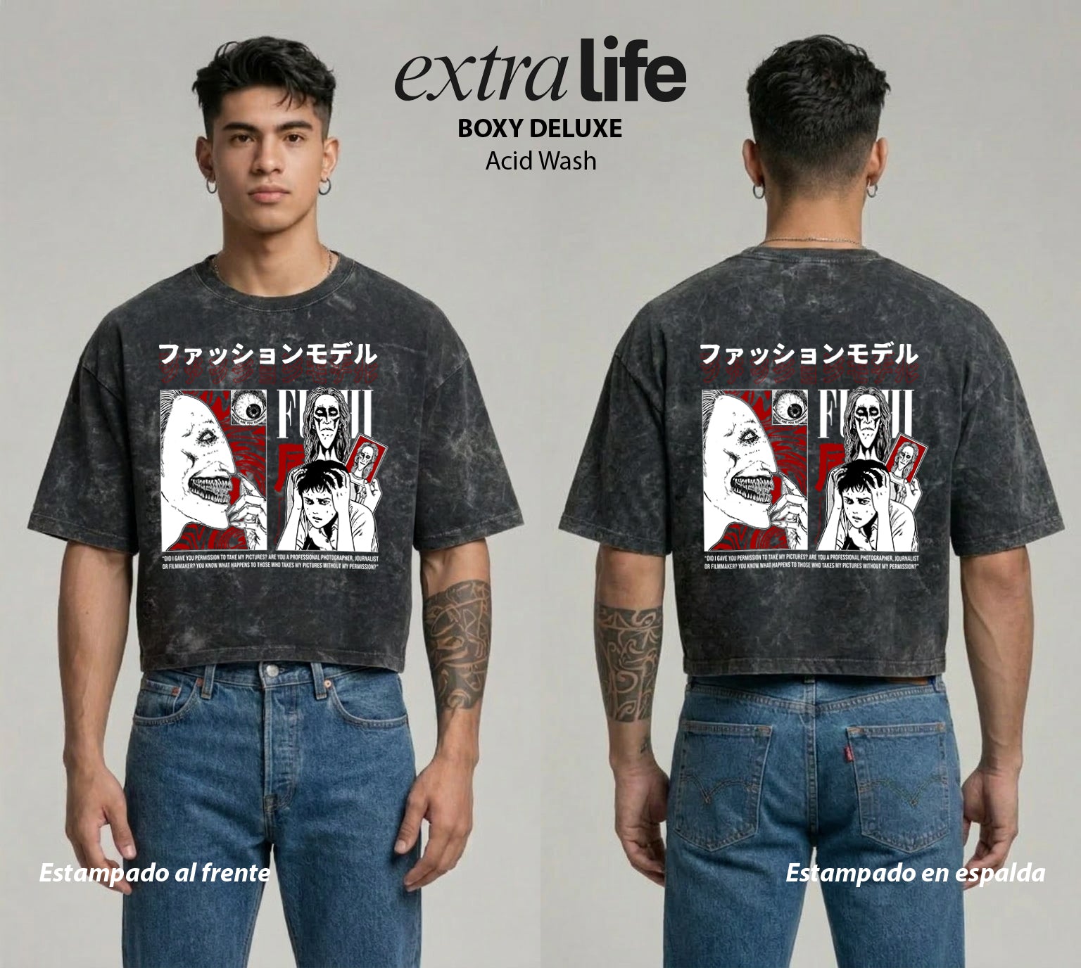 Playera streetwear premium de anime y gaming ExtraLife MX, corte boxy deluxe mineral wash heavyweight en color Acid Wash, moda urbana mexicana de culto.