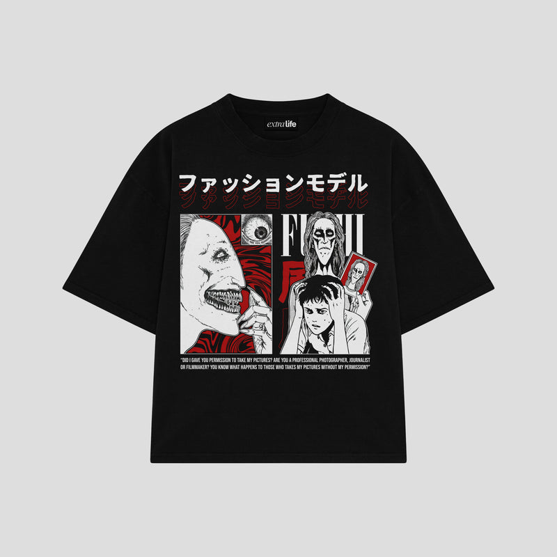 Playera streetwear premium de anime y gaming ExtraLife MX, corte boxy oversized drop shoulder heavyweight en color Deep Black y Off-White, moda urbana mexicana de culto.