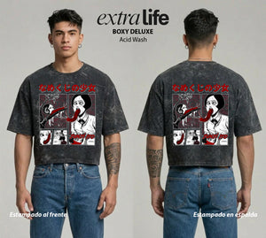 Playera streetwear premium de anime y gaming ExtraLife MX, corte boxy deluxe mineral wash heavyweight en color Acid Wash, moda urbana mexicana de culto.