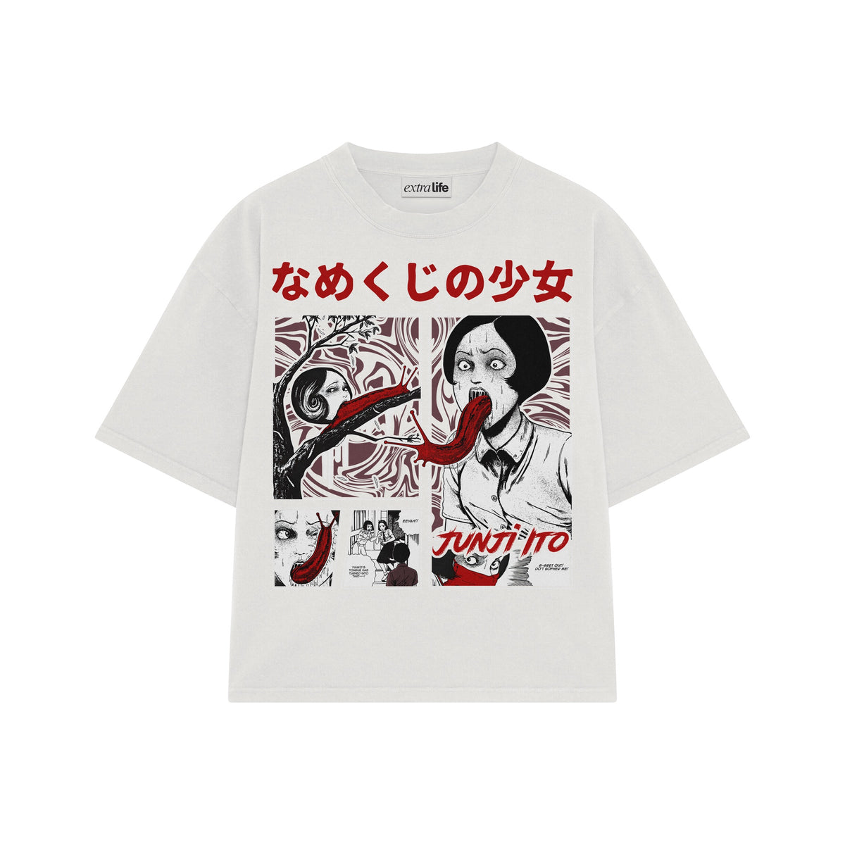 Playera streetwear premium de anime y gaming ExtraLife MX, corte oversized drop shoulder ligero y fresco en color Deep Black y Off-White, moda urbana mexicana de culto.
