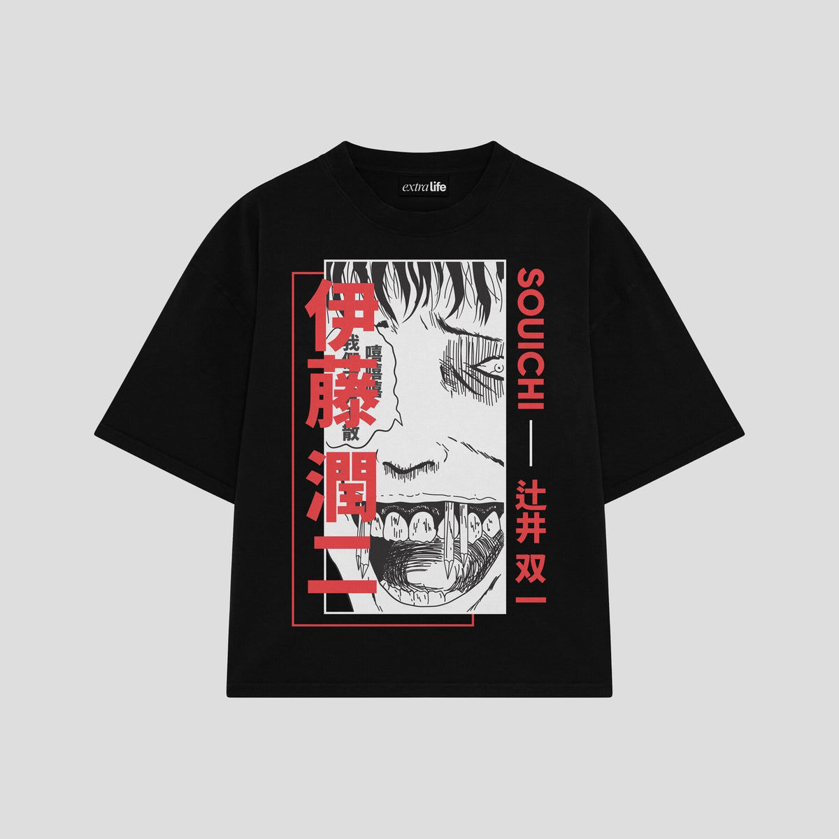 Playera streetwear premium de anime y gaming ExtraLife MX, corte oversized drop shoulder ligero y fresco en color Deep Black y Off-White, moda urbana mexicana de culto.