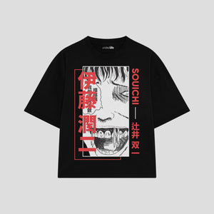 Playera streetwear premium de anime y gaming ExtraLife MX, corte boxy oversized drop shoulder heavyweight en color Deep Black y Off-White, moda urbana mexicana de culto.