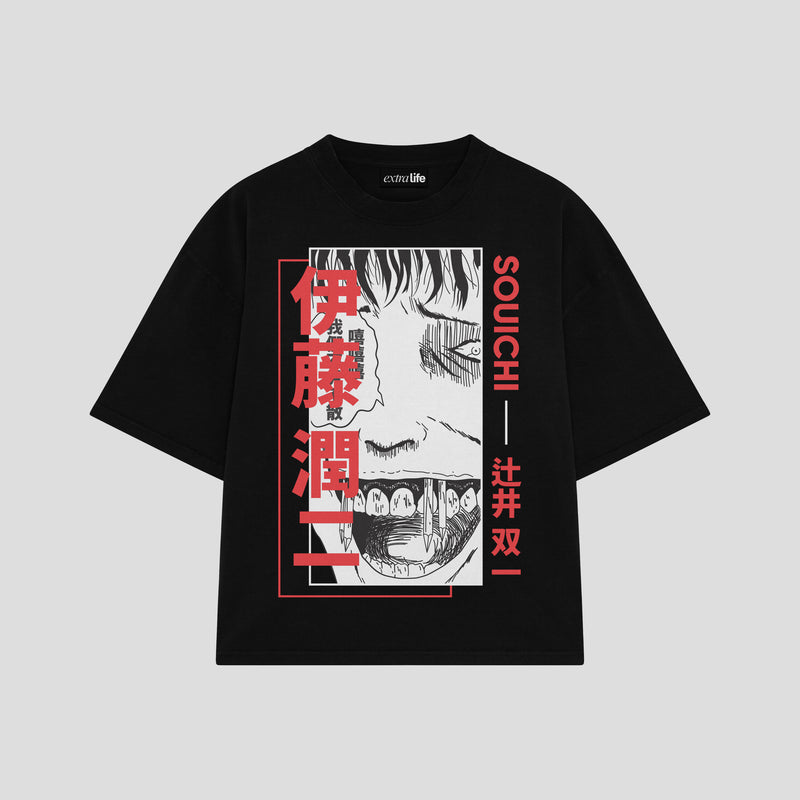 Playera streetwear premium de anime y gaming ExtraLife MX, corte boxy oversized drop shoulder heavyweight en color Deep Black y Off-White, moda urbana mexicana de culto.