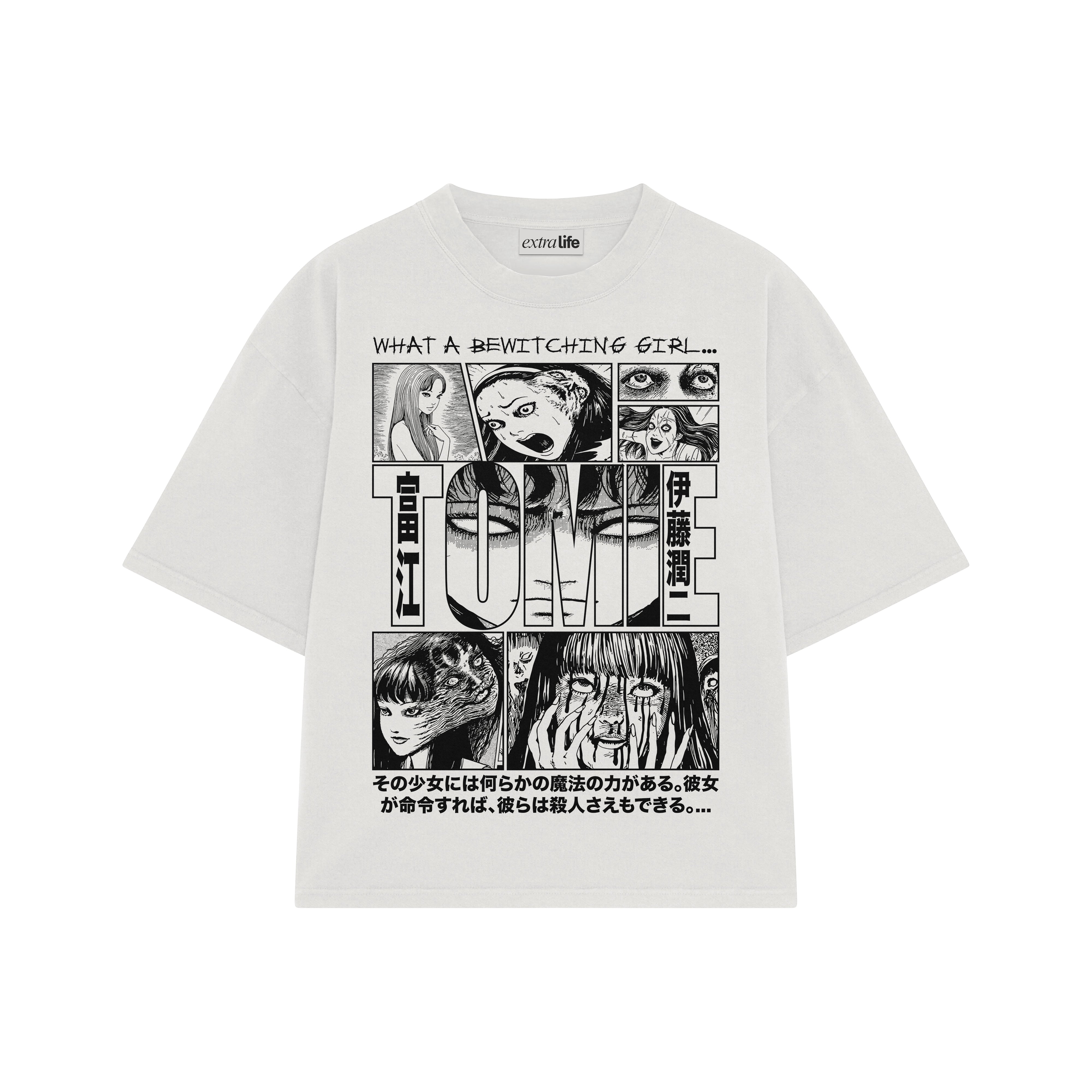 Playera streetwear premium de anime y gaming ExtraLife MX, corte boxy oversized drop shoulder heavyweight en color Deep Black y Off-White, moda urbana mexicana de culto.