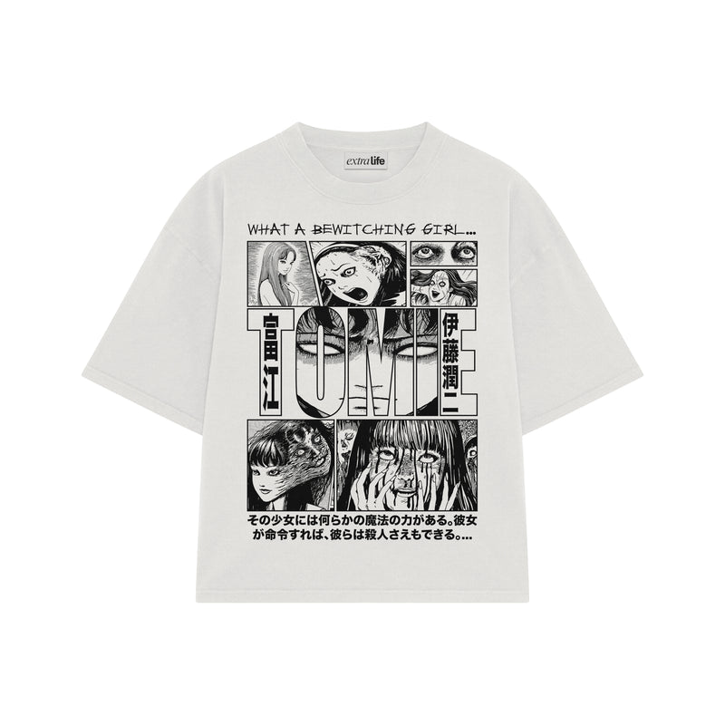 Playera streetwear premium de anime y gaming ExtraLife MX, corte boxy oversized drop shoulder heavyweight en color Deep Black y Off-White, moda urbana mexicana de culto.