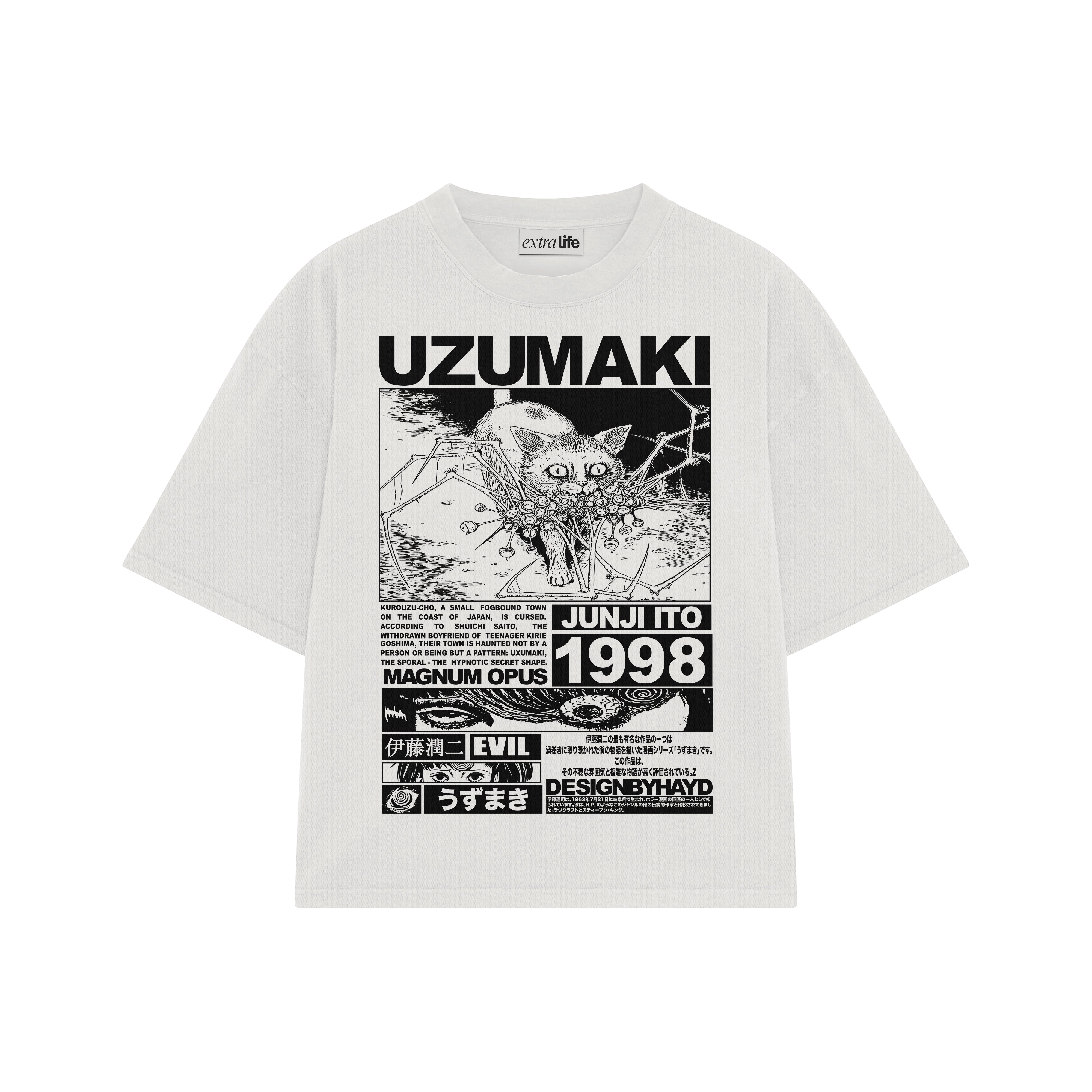 Playera streetwear premium de anime y gaming ExtraLife MX, corte boxy oversized drop shoulder heavyweight en color Deep Black y Off-White, moda urbana mexicana de culto.