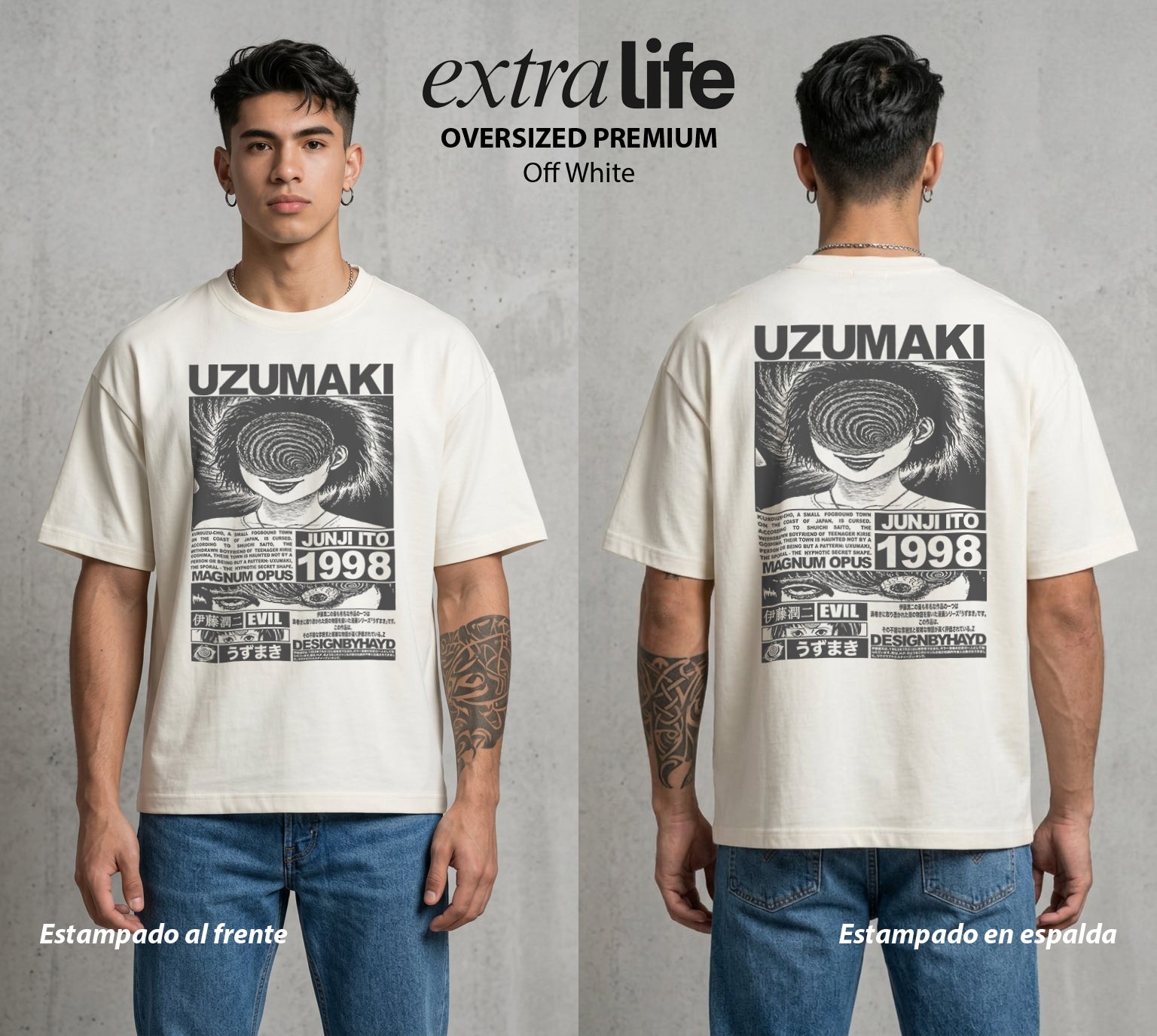 El Horror del Mangaka | La Espiral del Miedo #01997 - Playera Oversized Premium | Off White - Foto en modelo