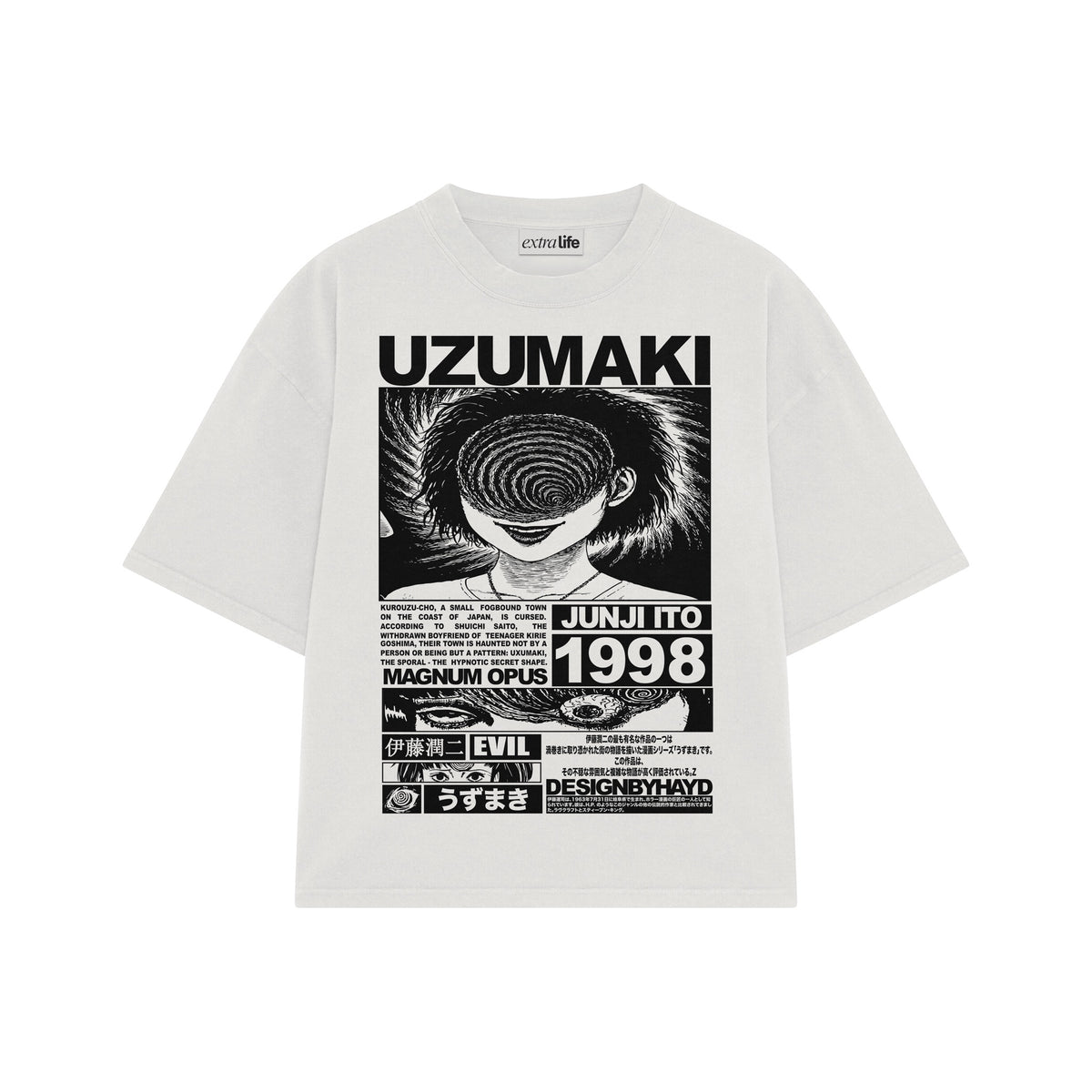 Playera streetwear premium de anime y gaming ExtraLife MX, corte oversized drop shoulder ligero y fresco en color Deep Black y Off-White, moda urbana mexicana de culto.