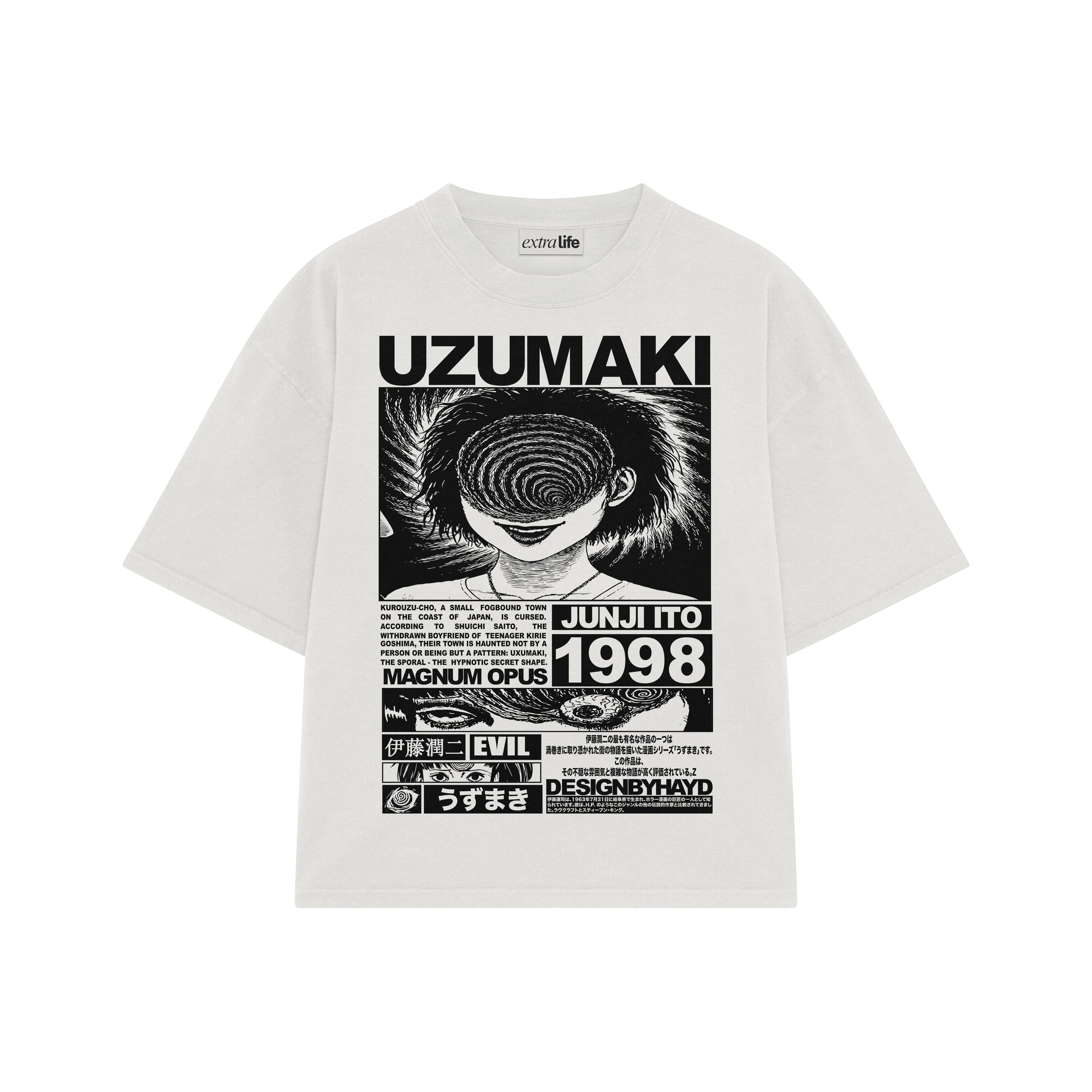 Playera streetwear premium de anime y gaming ExtraLife MX, corte boxy oversized drop shoulder heavyweight en color Deep Black y Off-White, moda urbana mexicana de culto.