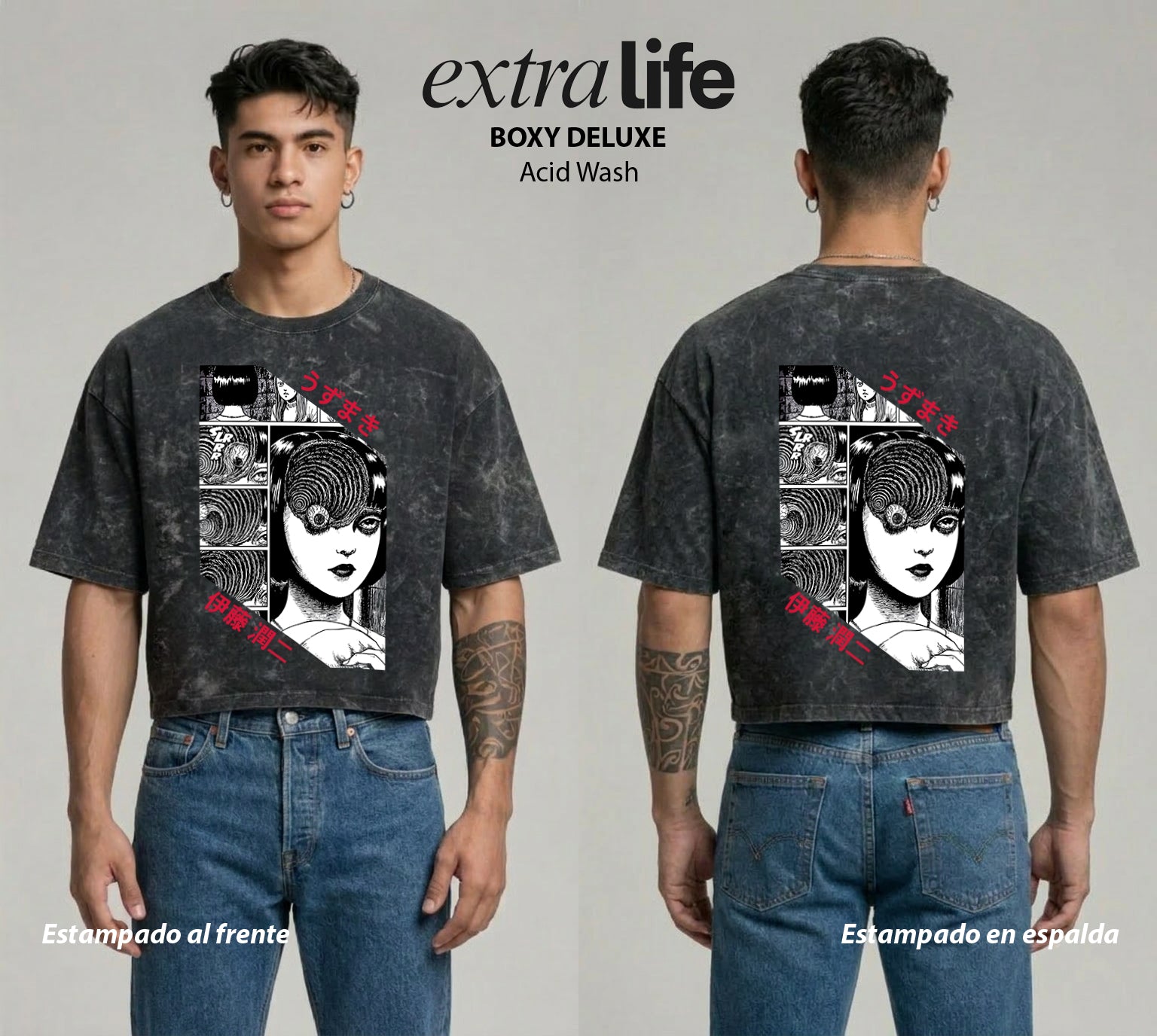 Playera streetwear premium de anime y gaming ExtraLife MX, corte boxy deluxe mineral wash heavyweight en color Acid Wash, moda urbana mexicana de culto.