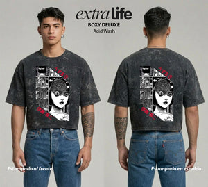 Playera streetwear premium de anime y gaming ExtraLife MX, corte boxy deluxe mineral wash heavyweight en color Acid Wash, moda urbana mexicana de culto.
