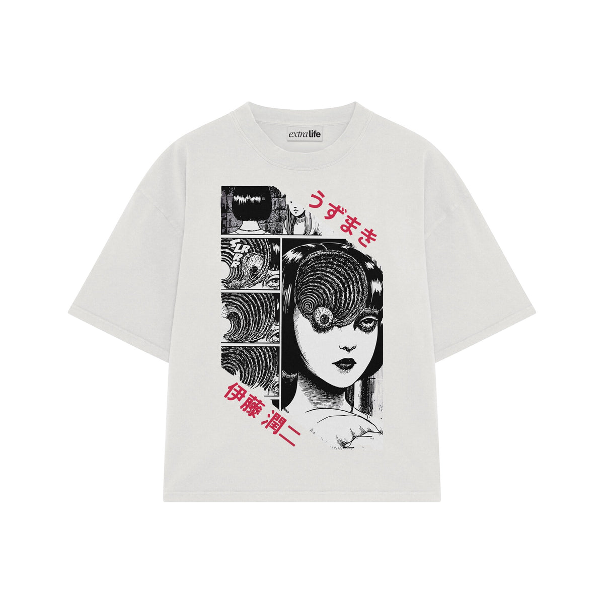 Playera streetwear premium de anime y gaming ExtraLife MX, corte oversized drop shoulder ligero y fresco en color Deep Black y Off-White, moda urbana mexicana de culto.