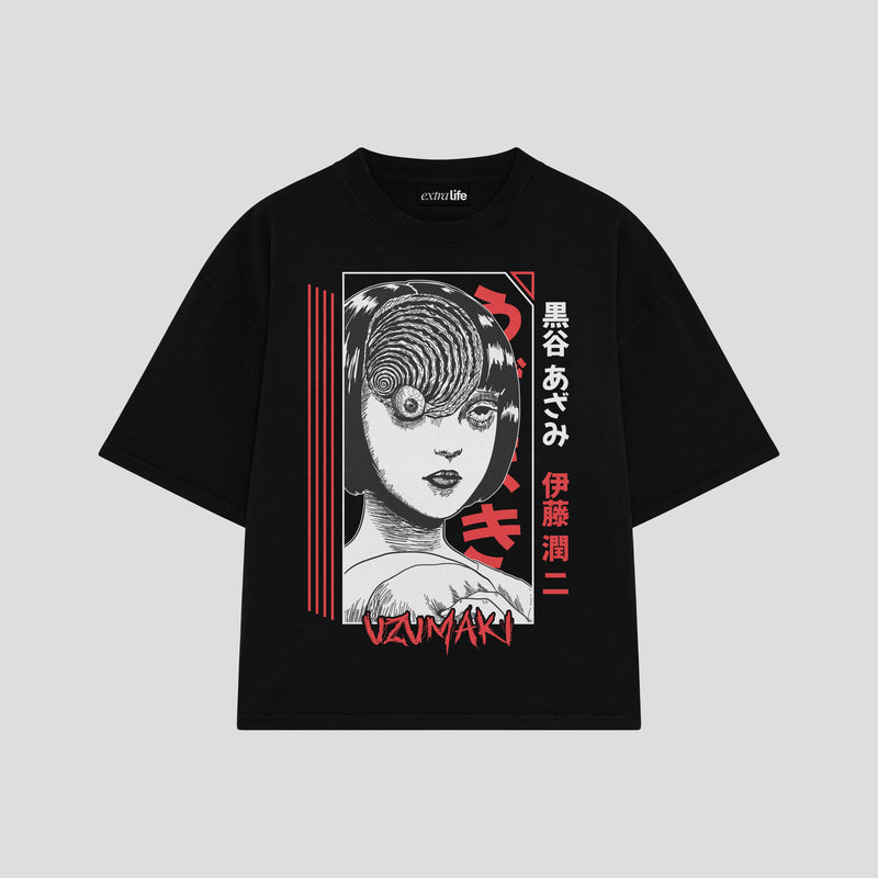 Playera streetwear premium de anime y gaming ExtraLife MX, corte boxy oversized drop shoulder heavyweight en color Deep Black y Off-White, moda urbana mexicana de culto.