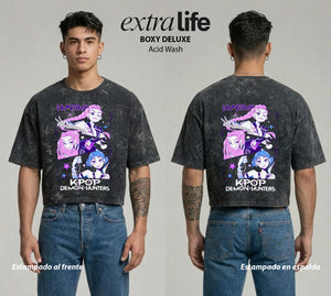 Playera streetwear premium de anime y gaming ExtraLife MX, corte boxy deluxe mineral wash heavyweight en color Acid Wash, moda urbana mexicana de culto.