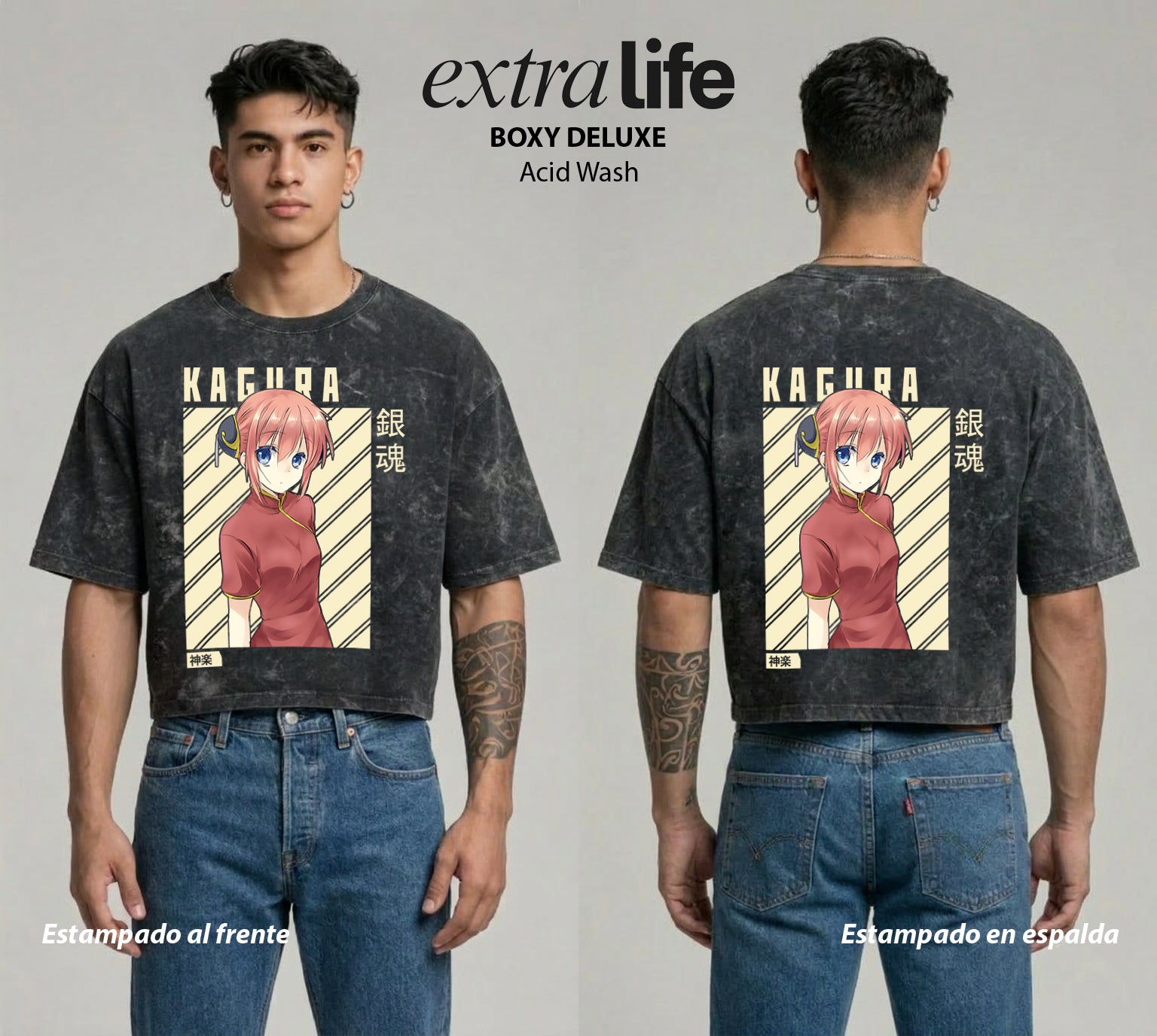 Playera streetwear premium de anime y gaming ExtraLife MX, corte boxy deluxe mineral wash heavyweight en color Acid Wash, moda urbana mexicana de culto.