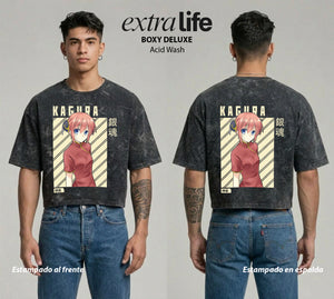 Playera streetwear premium de anime y gaming ExtraLife MX, corte boxy deluxe mineral wash heavyweight en color Acid Wash, moda urbana mexicana de culto.