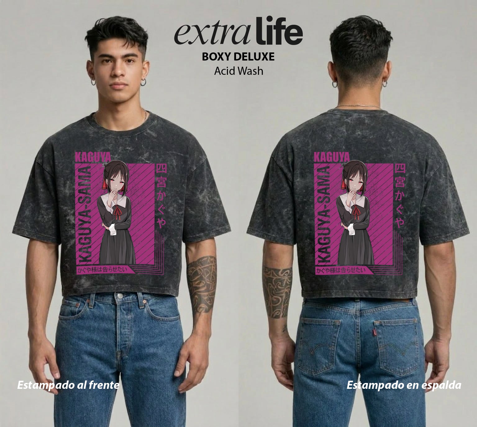 Playera streetwear premium de anime y gaming ExtraLife MX, corte boxy deluxe mineral wash heavyweight en color Acid Wash, moda urbana mexicana de culto.