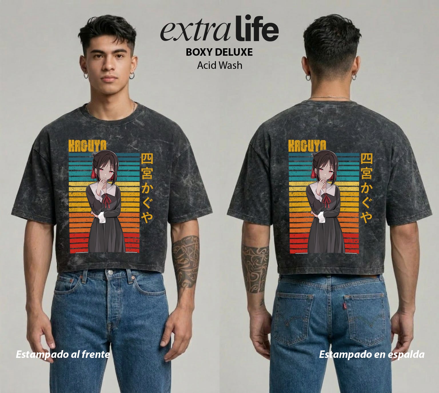 Playera streetwear premium de anime y gaming ExtraLife MX, corte boxy deluxe mineral wash heavyweight en color Acid Wash, moda urbana mexicana de culto.