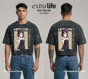 Playera streetwear premium de anime y gaming ExtraLife MX, corte boxy deluxe mineral wash heavyweight en color Acid Wash, moda urbana mexicana de culto.
