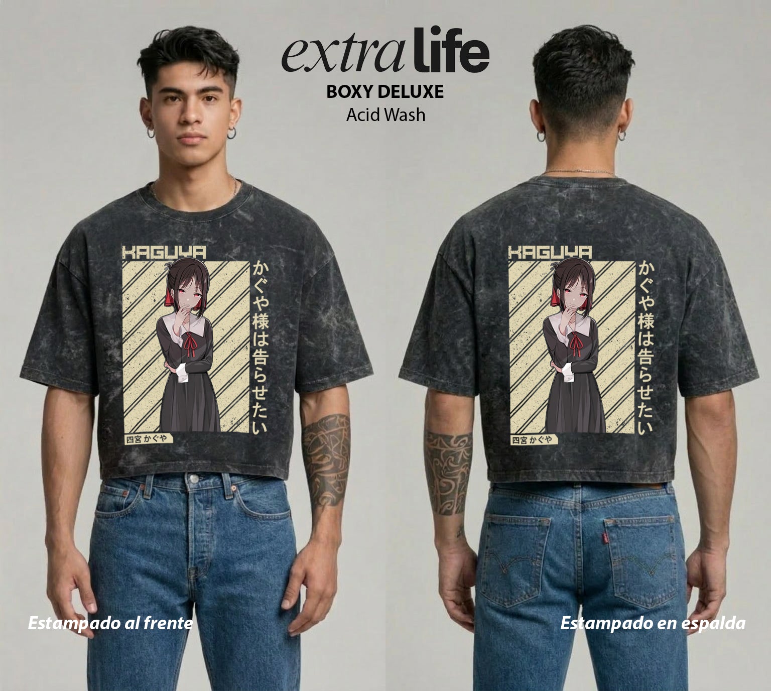 Playera streetwear premium de anime y gaming ExtraLife MX, corte boxy deluxe mineral wash heavyweight en color Acid Wash, moda urbana mexicana de culto.