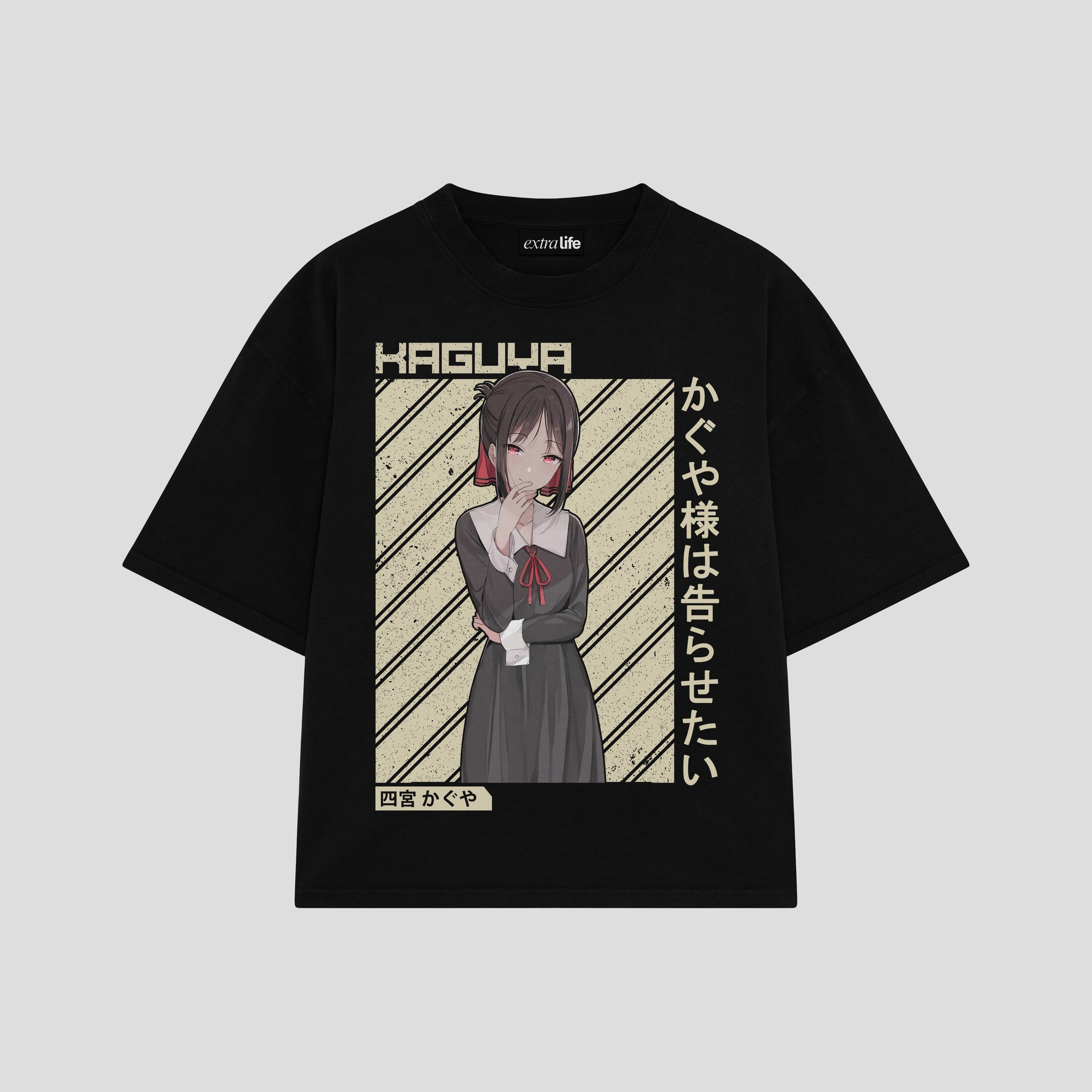 Playera streetwear premium de anime y gaming ExtraLife MX, corte boxy oversized drop shoulder heavyweight en color Deep Black y Off-White, moda urbana mexicana de culto.