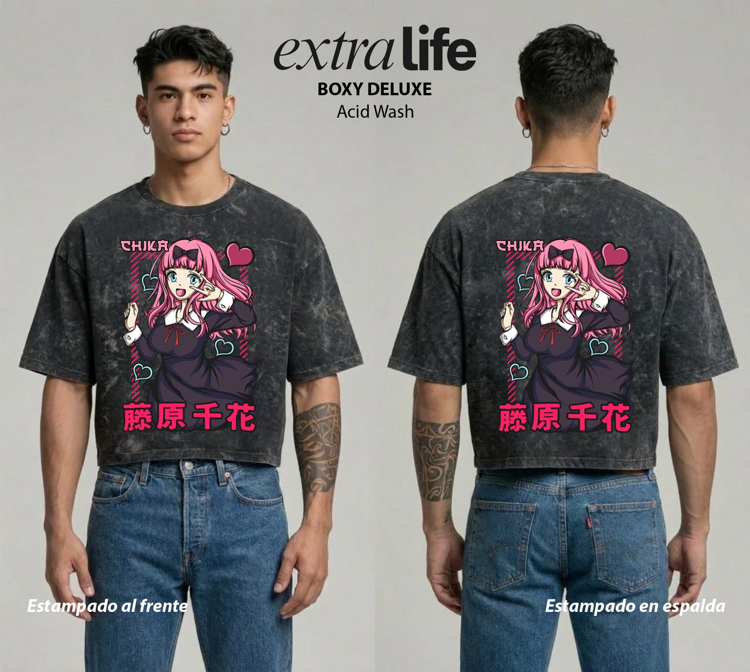 Playera streetwear premium de anime y gaming ExtraLife MX, corte boxy deluxe mineral wash heavyweight en color Acid Wash, moda urbana mexicana de culto.