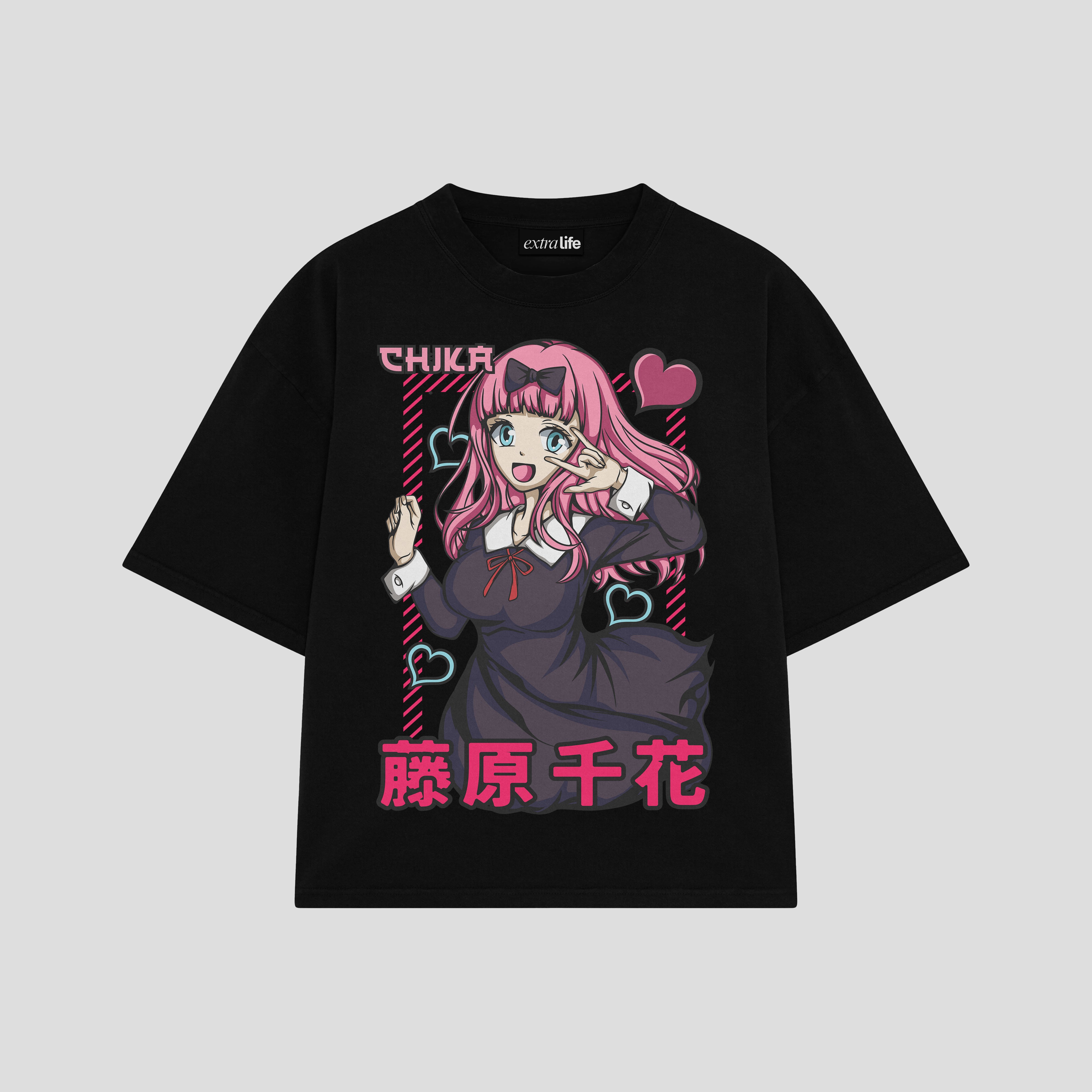 Playera streetwear premium de anime y gaming ExtraLife MX, corte boxy oversized drop shoulder heavyweight en color Deep Black y Off-White, moda urbana mexicana de culto.