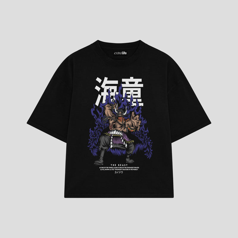 Playera streetwear premium de anime y gaming ExtraLife MX, corte boxy oversized drop shoulder heavyweight en color Deep Black y Off-White, moda urbana mexicana de culto.