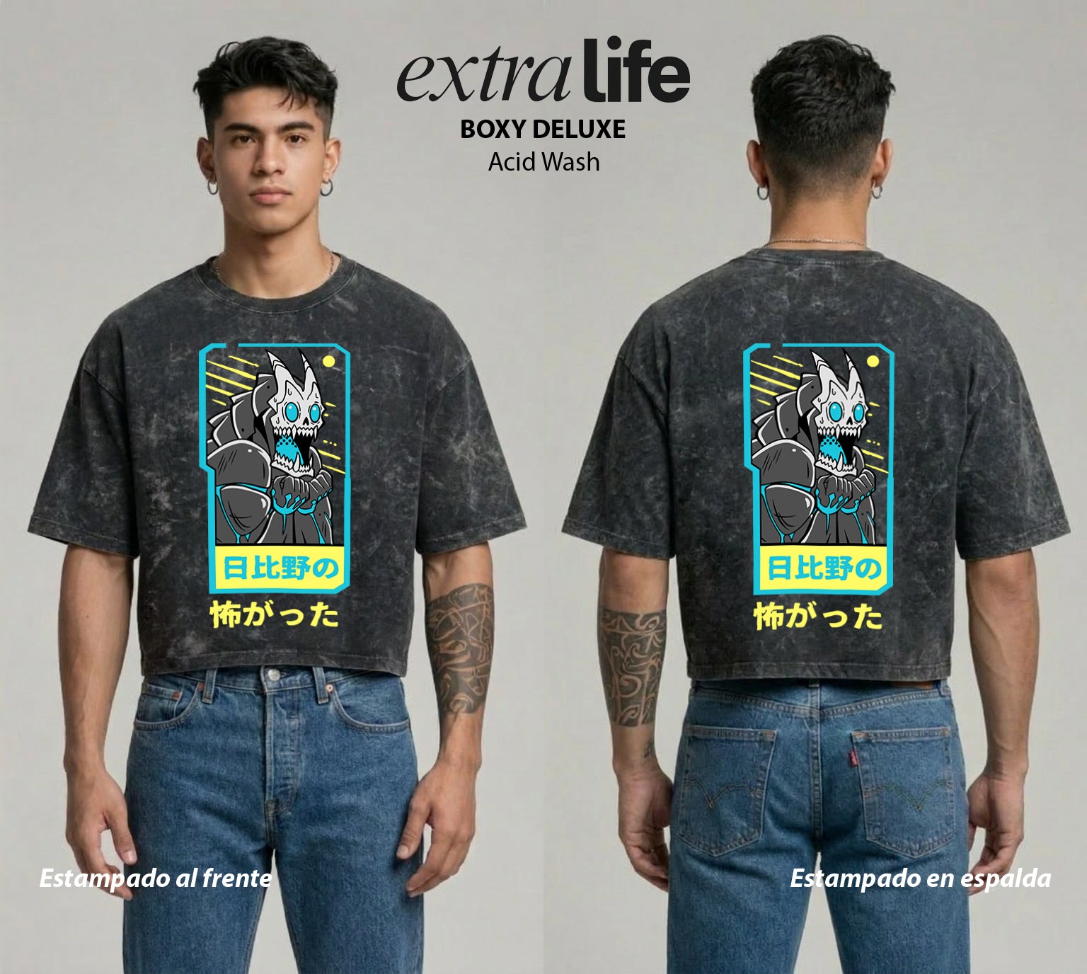 Playera streetwear premium de anime y gaming ExtraLife MX, corte boxy deluxe mineral wash heavyweight en color Acid Wash, moda urbana mexicana de culto.