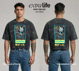 Playera streetwear premium de anime y gaming ExtraLife MX, corte boxy deluxe mineral wash heavyweight en color Acid Wash, moda urbana mexicana de culto.