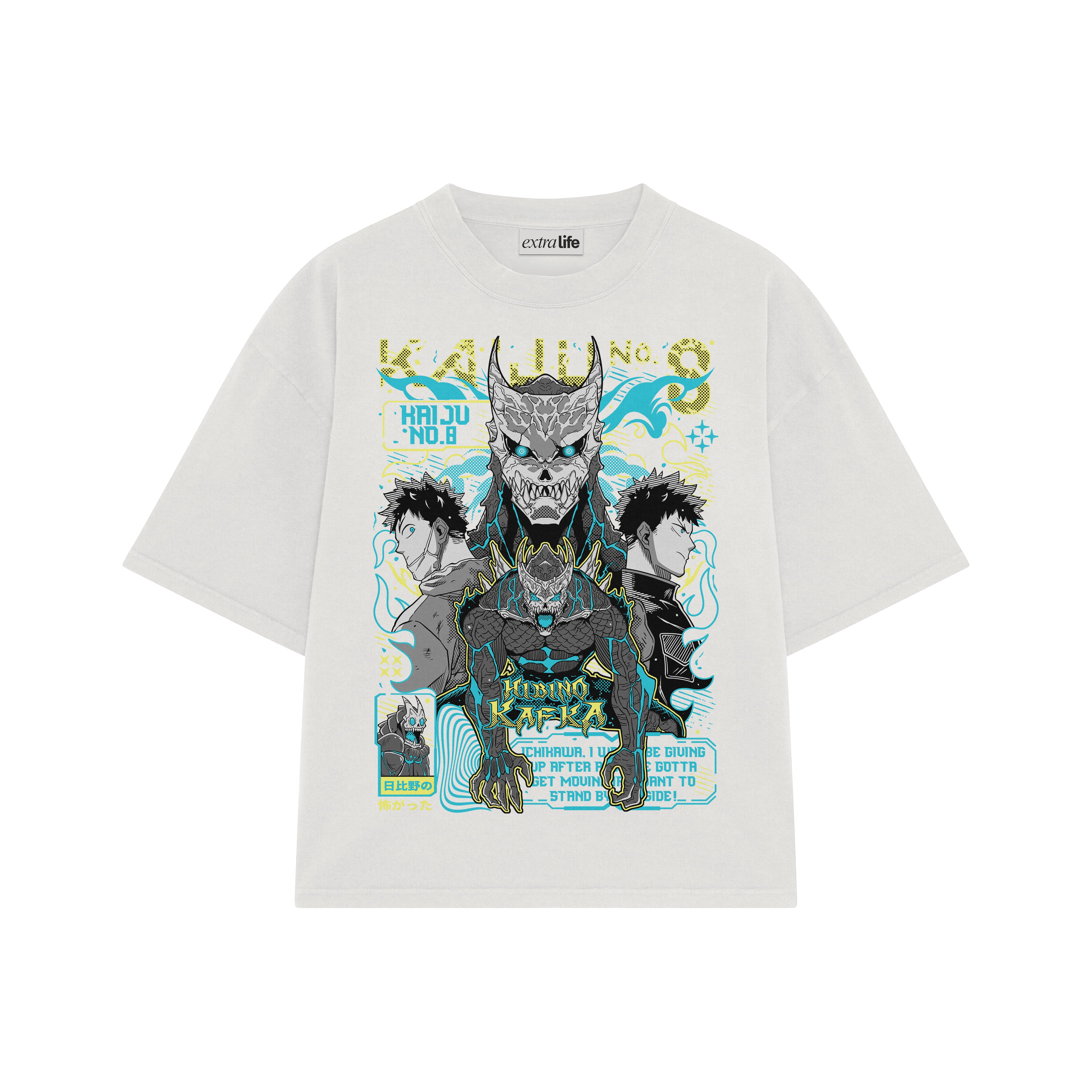Playera streetwear premium de anime y gaming ExtraLife MX, corte boxy oversized drop shoulder heavyweight en color Deep Black y Off-White, moda urbana mexicana de culto.