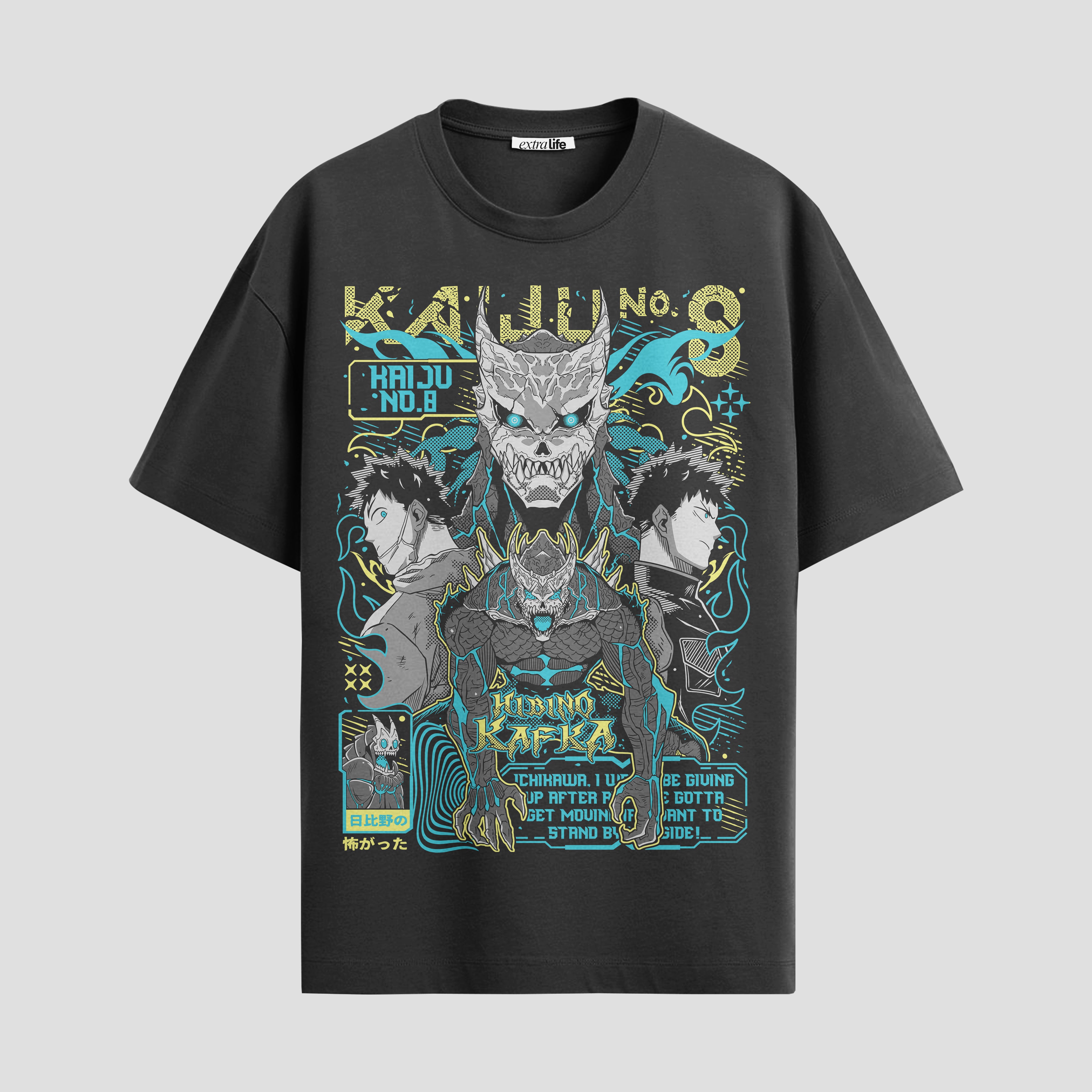 Playera urbana de anime y gaming ExtraLife MX, corte Standard Fit unisex ligero y transpirable en color Deep Black y Pure White, ropa de uso diario para gym y casual.