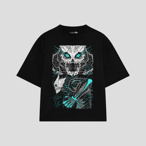 Playera streetwear premium de anime y gaming ExtraLife MX, corte boxy oversized drop shoulder heavyweight en color Deep Black y Off-White, moda urbana mexicana de culto.