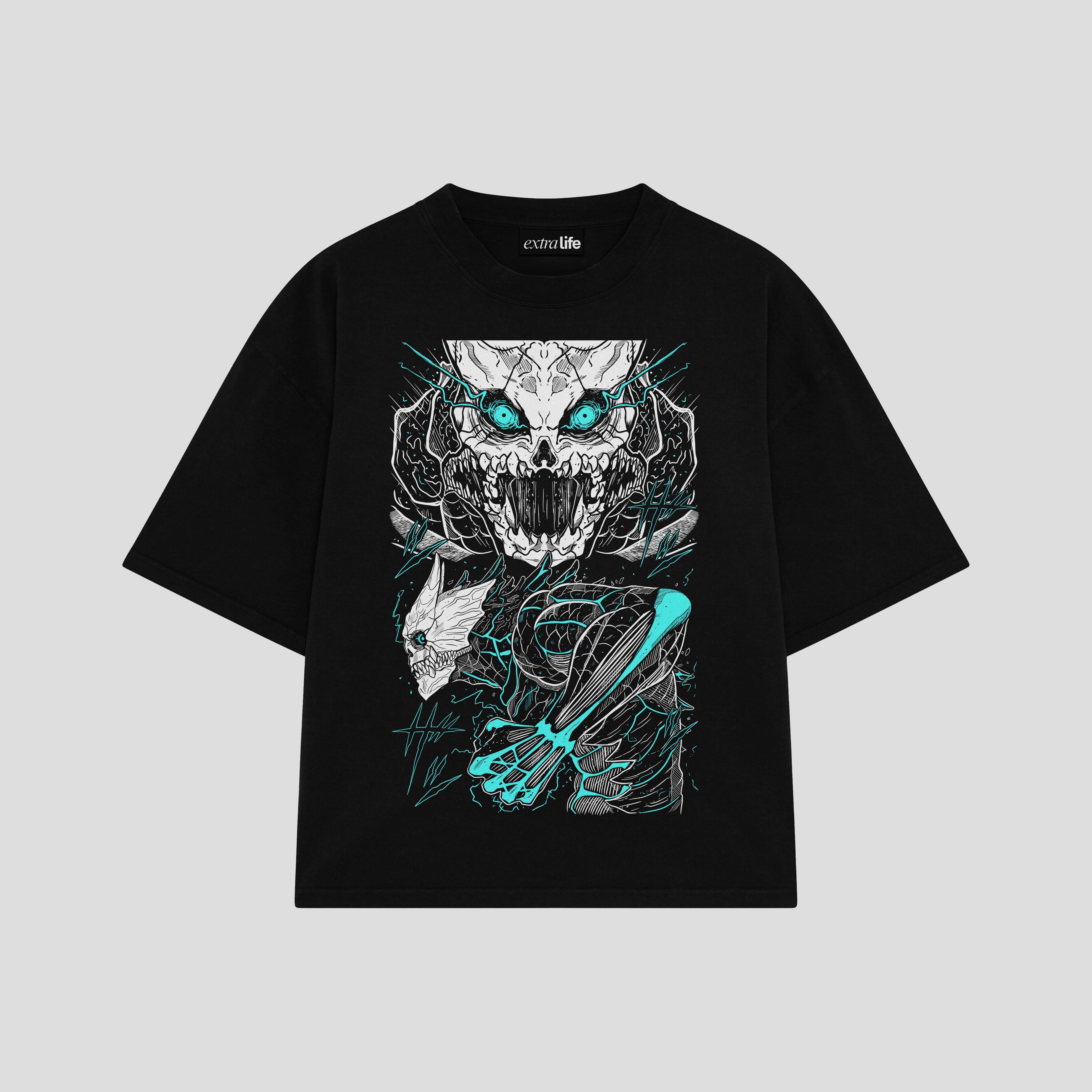 Playera streetwear premium de anime y gaming ExtraLife MX, corte boxy oversized drop shoulder heavyweight en color Deep Black y Off-White, moda urbana mexicana de culto.