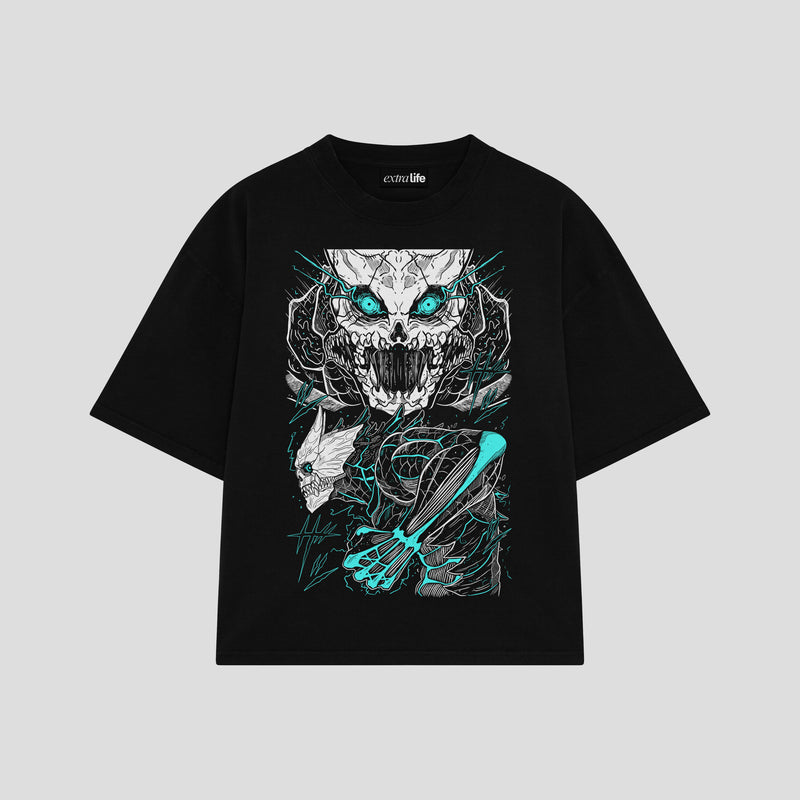 Playera streetwear premium de anime y gaming ExtraLife MX, corte boxy oversized drop shoulder heavyweight en color Deep Black y Off-White, moda urbana mexicana de culto.