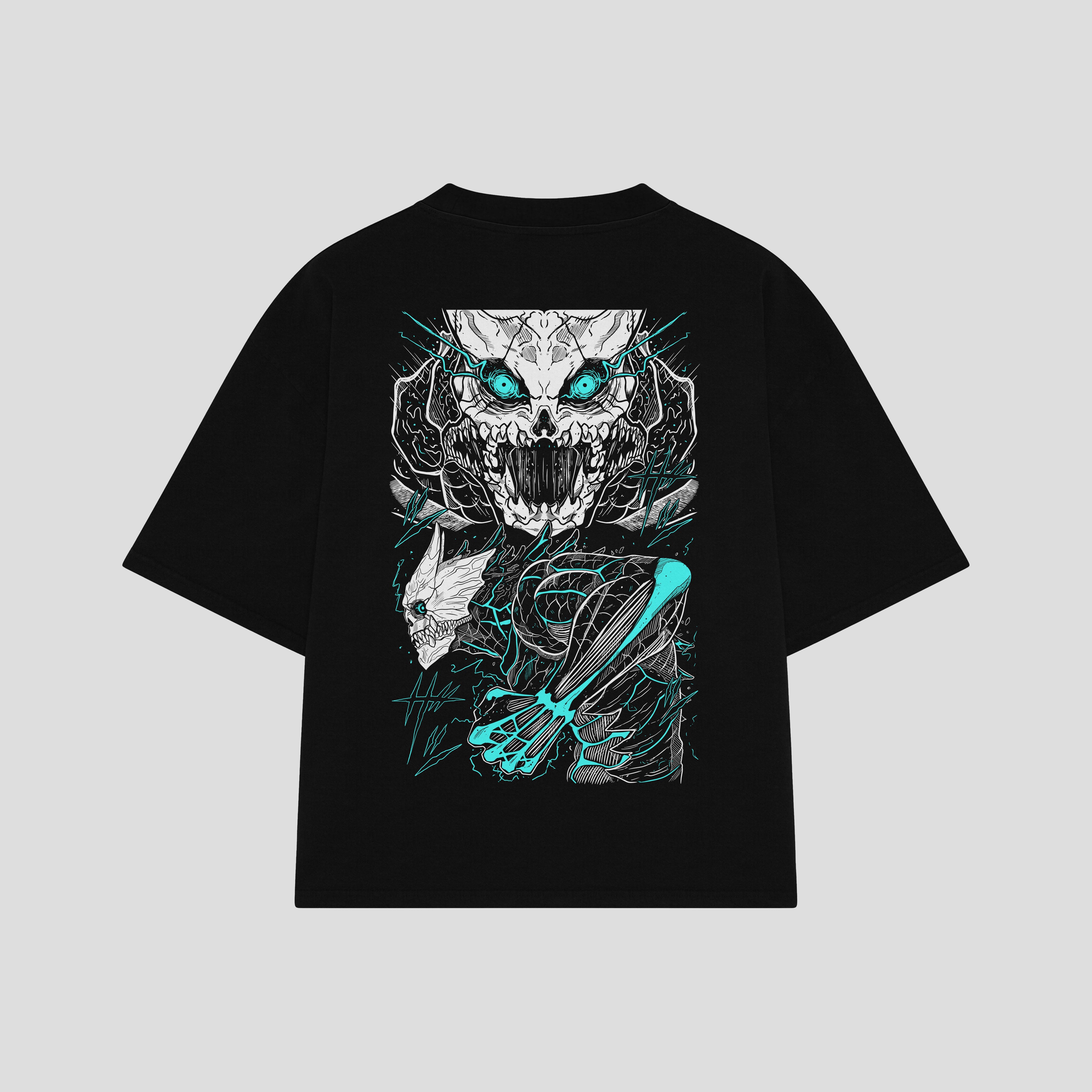 Playera streetwear premium de anime y gaming ExtraLife MX, corte boxy oversized drop shoulder heavyweight en color Deep Black y Off-White, moda urbana mexicana de culto.